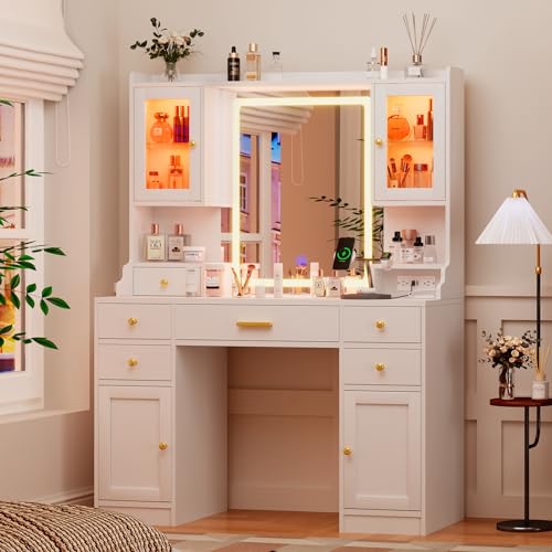 White Makeup Vanity Desk with Mirror and Lights, Large Vanity Table Set with Charging Station, Dressing Table with RGB Cabinets, 3 LED Lights Modes M39437