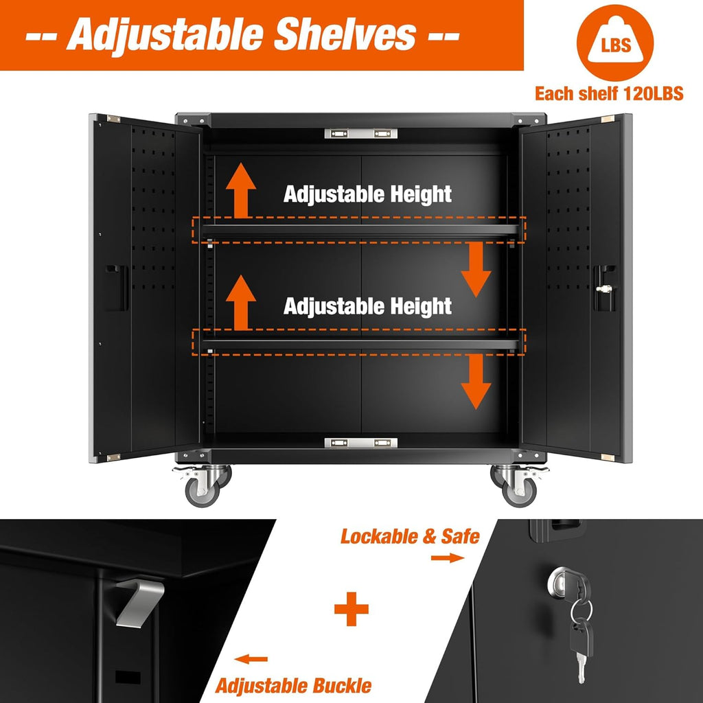 Black Metal Steel Storage Cabinet with Wheels and Pegboard I9212