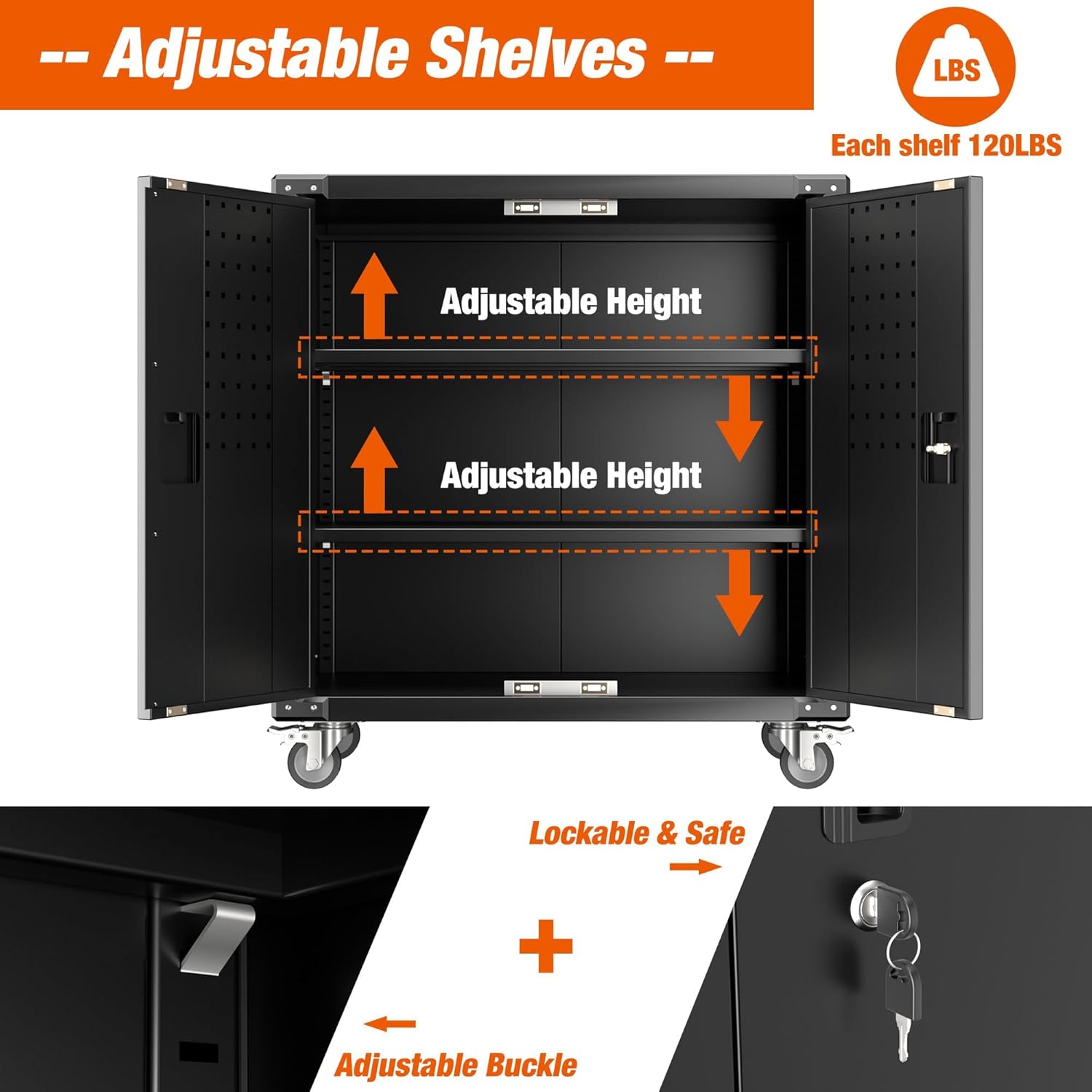 Black Metal Steel Storage Cabinet with Wheels and Pegboard I9212