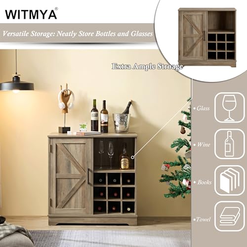 Gray Wash Wooden Coffee Bar Cabinet with Wine Rack Barn Door and Drawer S75513