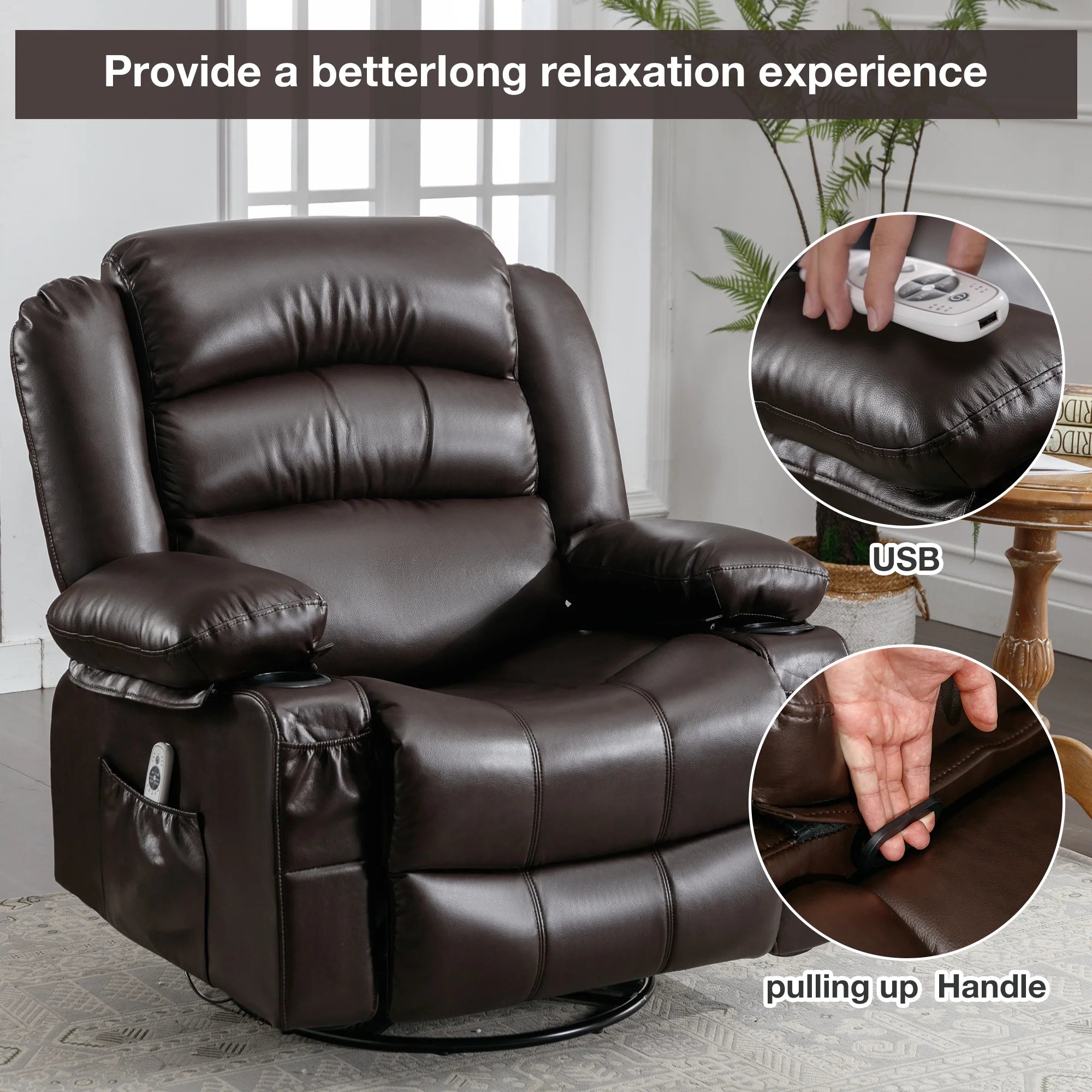 Brown Ergonomic Swivel Rocker Recliner Chair with Vibration Massage and Heat C79824