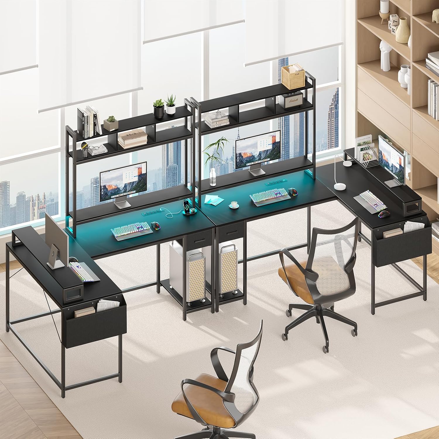 L Shaped Gaming Computer Desk with Monitor Shelf, Power Outlets & LED Lights A7639