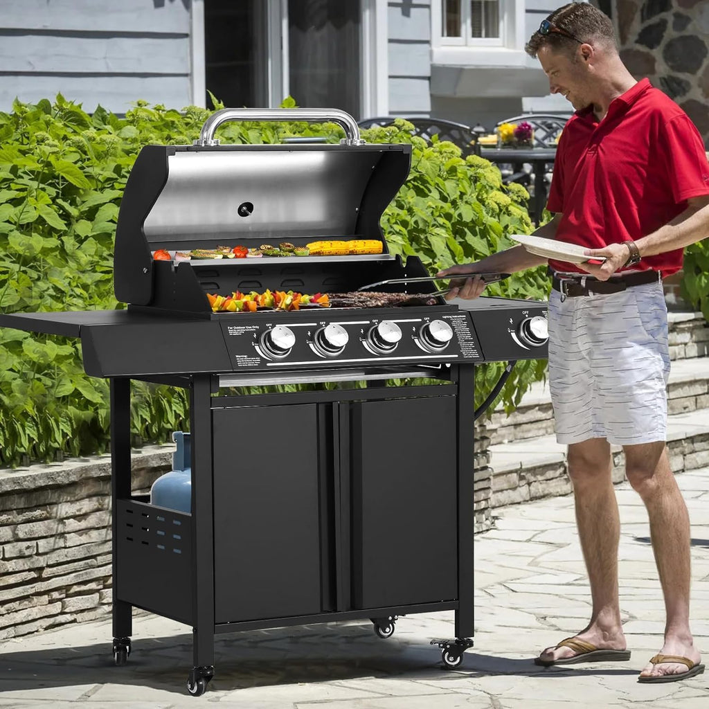 4-Burner Propane Gas BBQ Grill with Side Burner, Cast Iron 50,000 BTU Stainless Steel Grates P59496