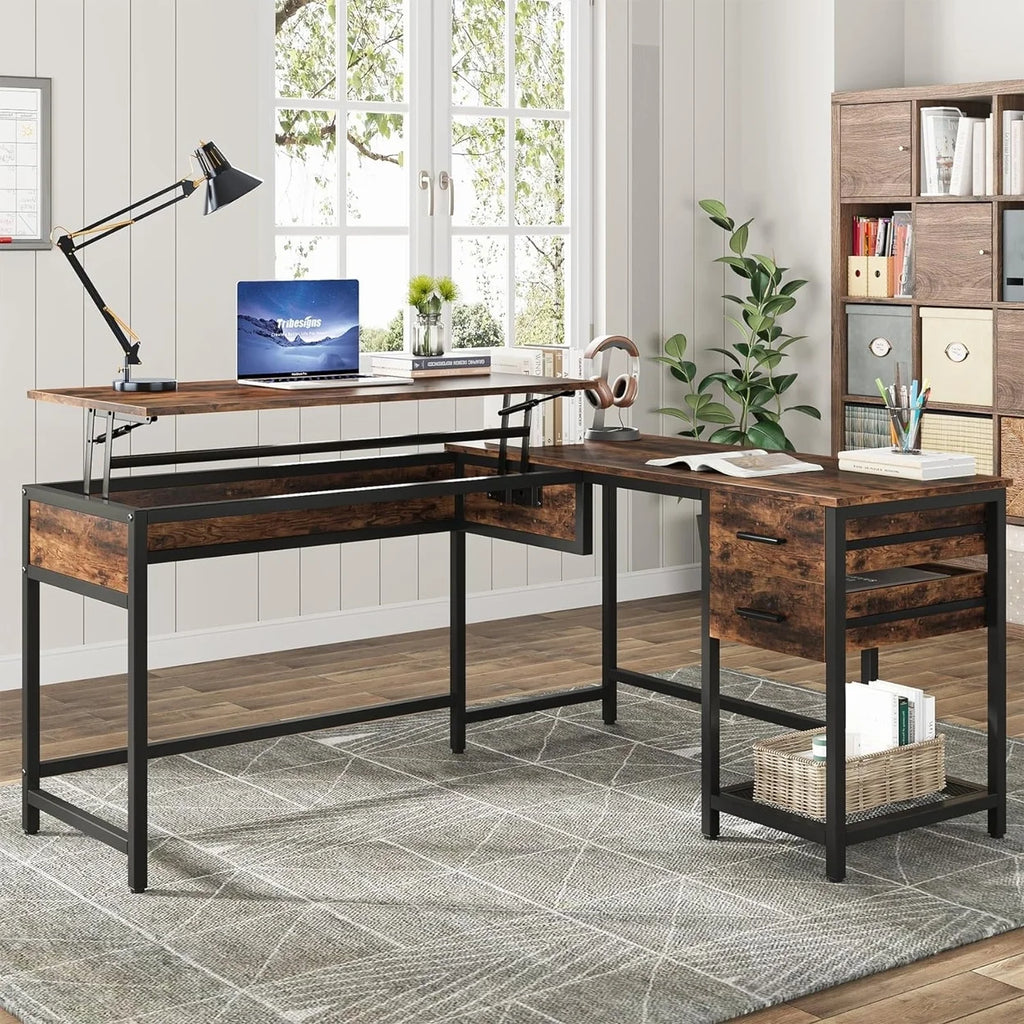 L-Shaped 59" Computer Desk with Drawers Corner Desk with Lift Top S808114