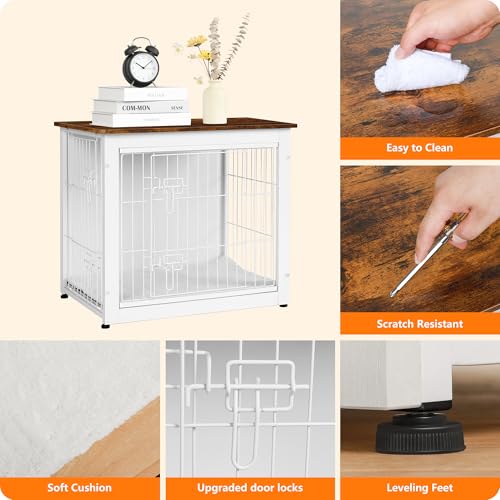 Dog Crate Furniture with Cushion, Wooden Kennel Table with Double Doors, Dark Gray H39636