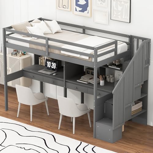 Gray Full Size Wood Loft Bed with Desk, Wardrobe and Three Storage Drawers K396673
