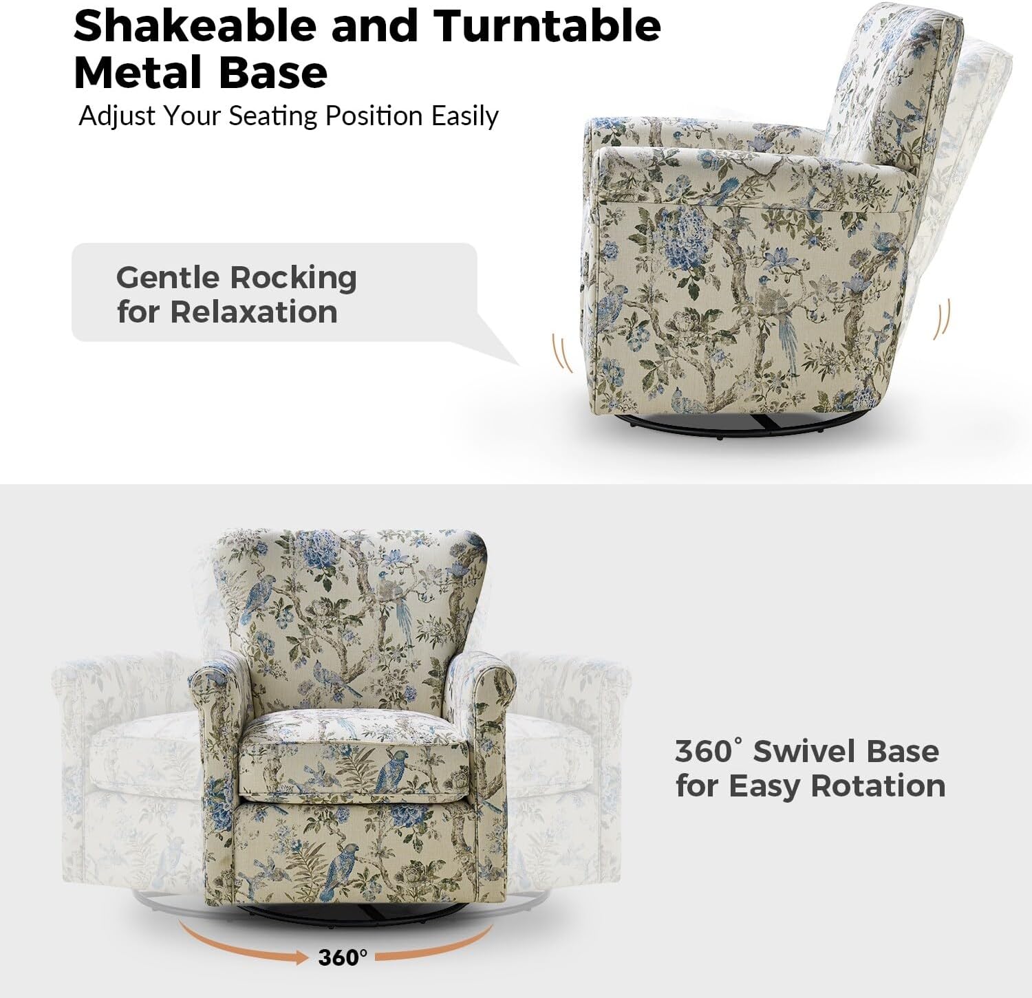 Floral Fabric Swivel Rocker Chair with Rolled Armrest R717759