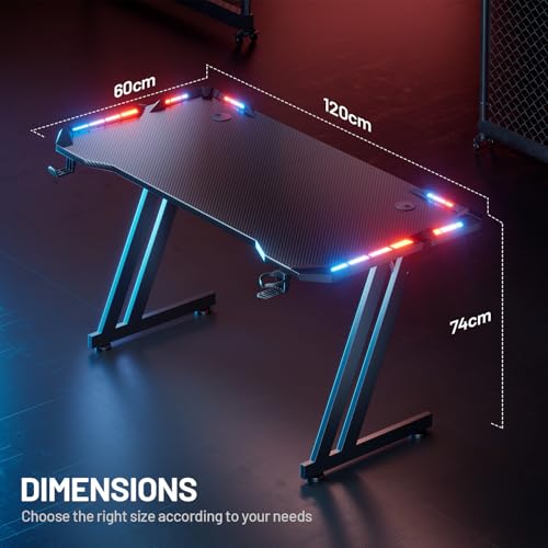 47 Inch Gaming Desk with LED Lights Carbon Fibre Surface N163