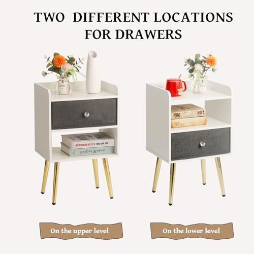 White Nightstand with Drawer Fabric Cabinet Storage with Sliding Drawers and Shelf C538545