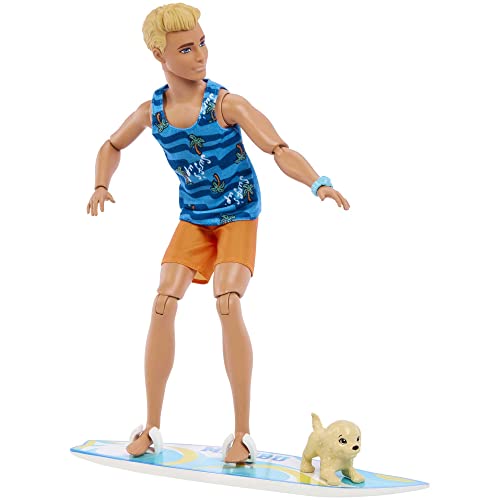 Poseable Blonde Ken Beach Doll with Surfboard and Pet Puppy O3061