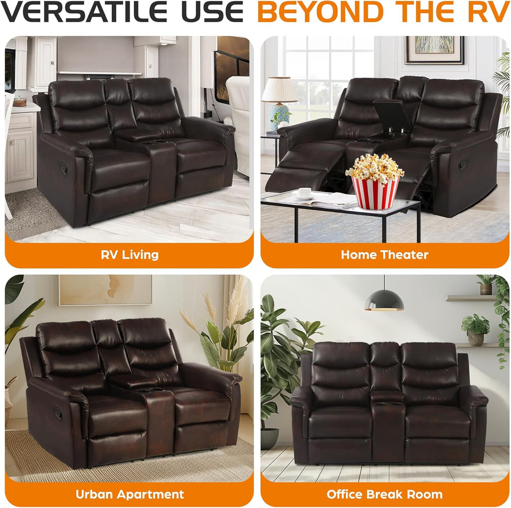 68" Wall Hugger RV Couch with Console Cup Holder Double Seat Reclining Chair Browm I763