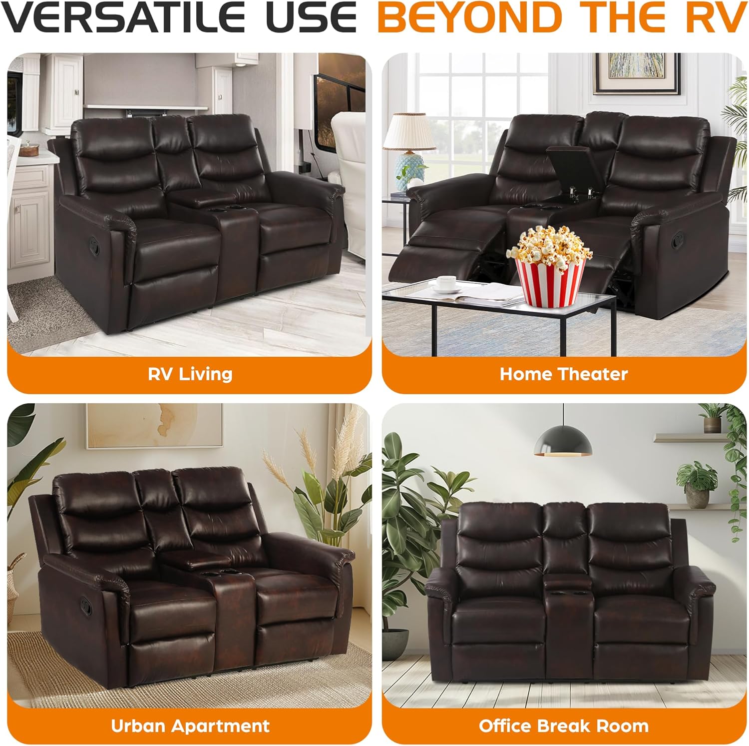 68" Wall Hugger RV Couch with Console Cup Holder Double Seat Reclining Chair Browm I763