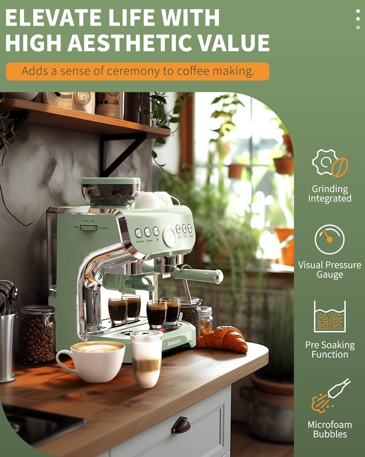 15 Bar Espresso Machine with Grinder and Steam Wand, 68Oz Water Tank, Green U75472