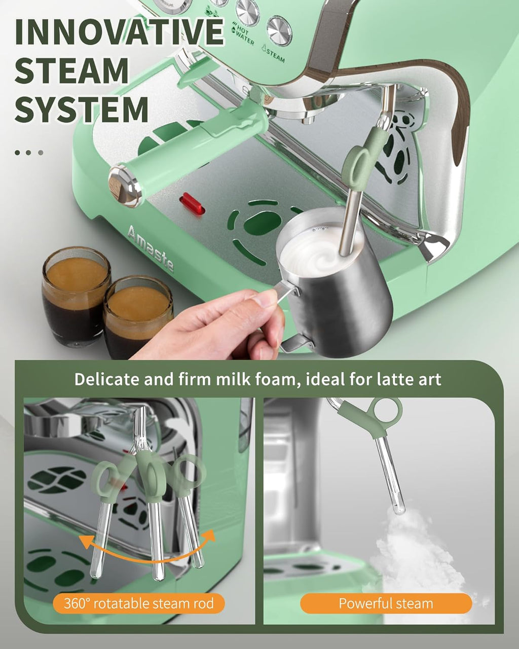 15 Bar Espresso Machine with Grinder and Steam Wand, 68Oz Water Tank, Green U75472