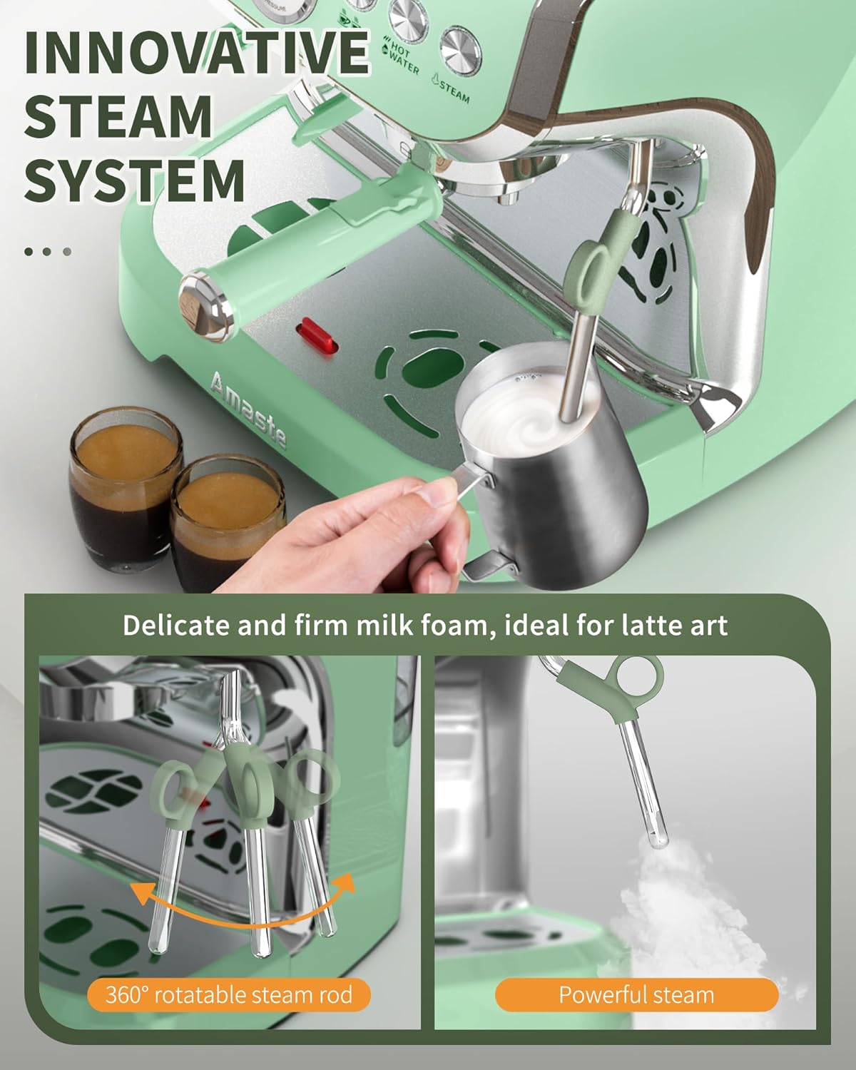 15 Bar Espresso Machine with Grinder and Steam Wand, 68Oz Water Tank, Green U75472