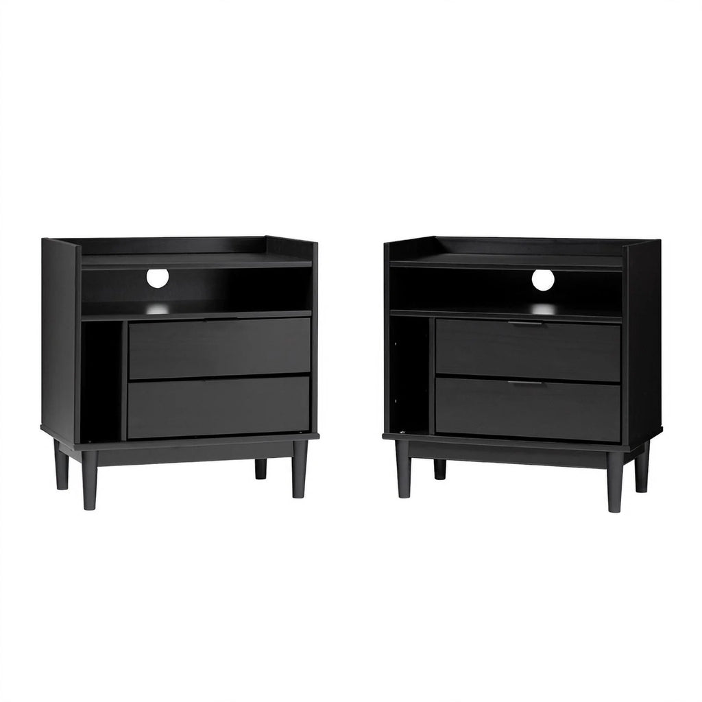 Black Solid Wood 2-Drawer Night Stand X3379