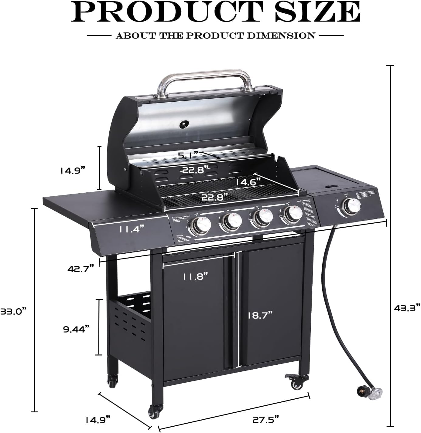 4-Burner Propane Gas BBQ Grill with Side Burner, Cast Iron 50,000 BTU Stainless Steel Grates P59496
