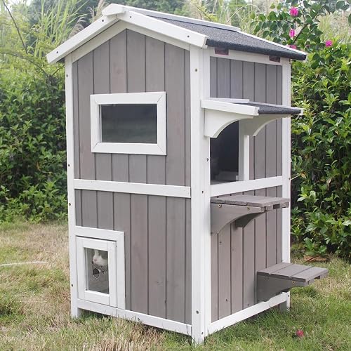 Outdoor Cat Shelter Weatherproof Two Story Wooden Cat House with Openable Roof Escape Door A940511
