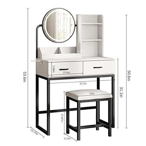 White Vanity Desk with Round Mirror and Lights and Hair Dryer Rack (Brown and Black, 15.75 * 31.5 * 53.6in) M372