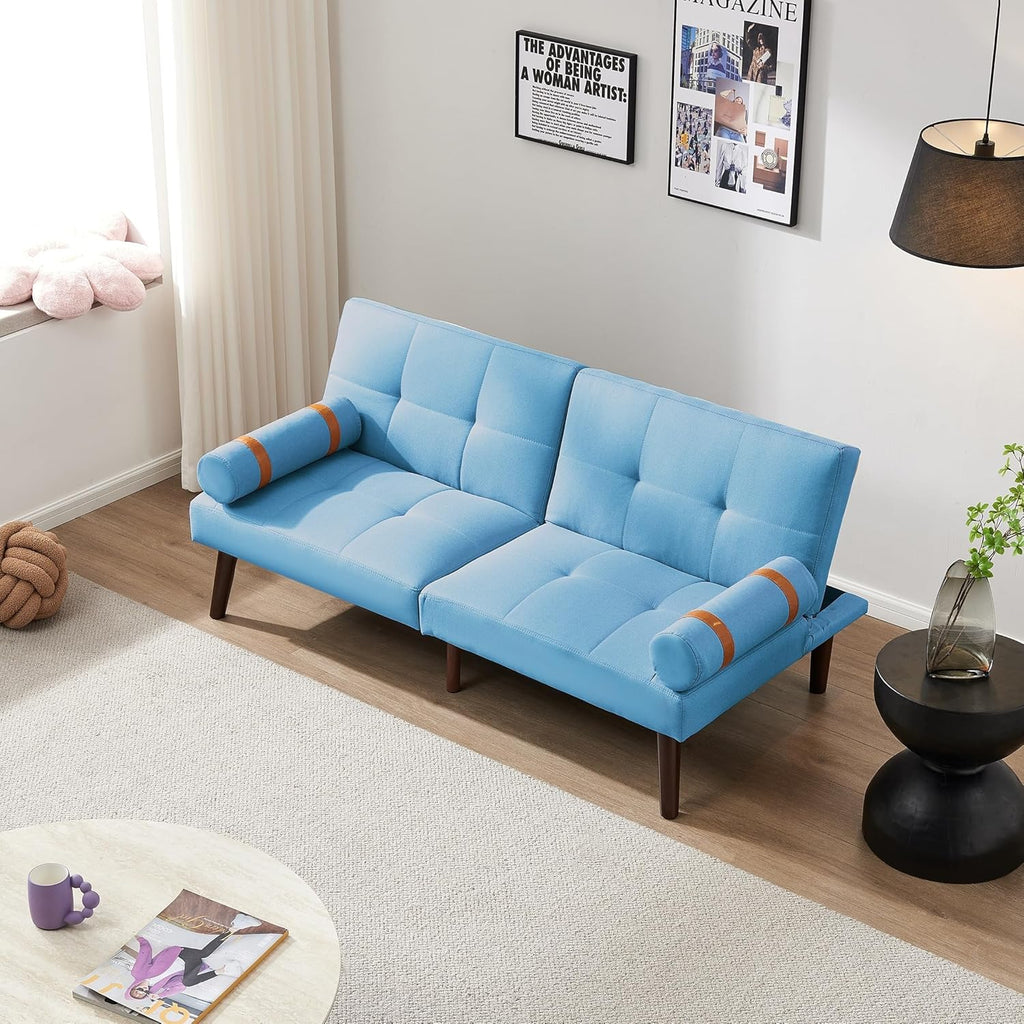 Blue Linen Futon Sofa Loveseat Convertible Sleeper Bed with Solid Wood Legs Adjustable Backrests A642