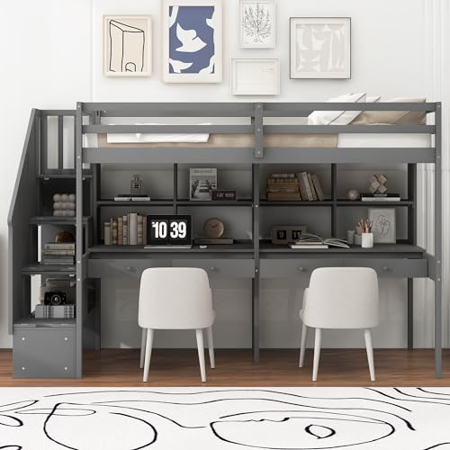 Gray Full Size Wood Loft Bed with Desk, Wardrobe and Three Storage Drawers K396673