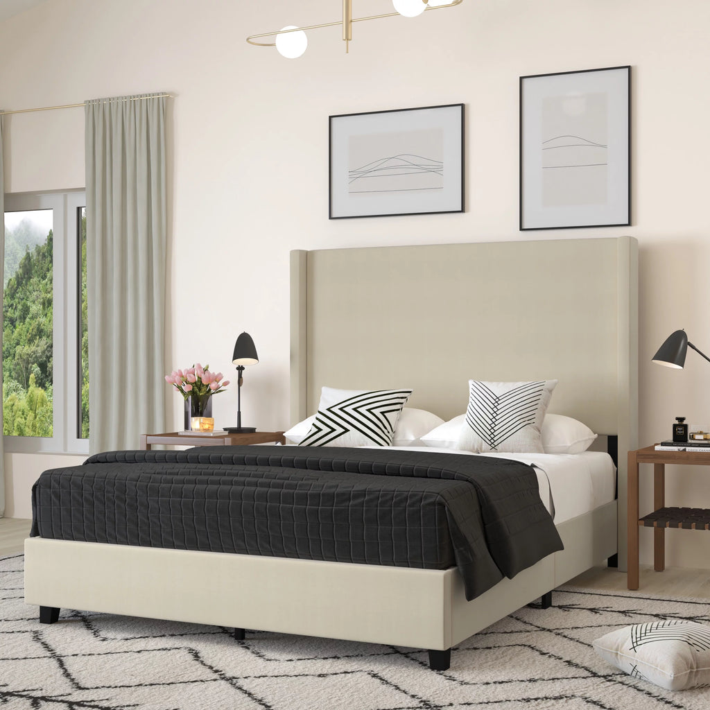 Beige Queen Size Platform Bed Frame with Padded Faux Linen Upholstered Wingback Headboard J85228