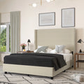 Beige Queen Size Platform Bed Frame with Padded Faux Linen Upholstered Wingback Headboard J85228