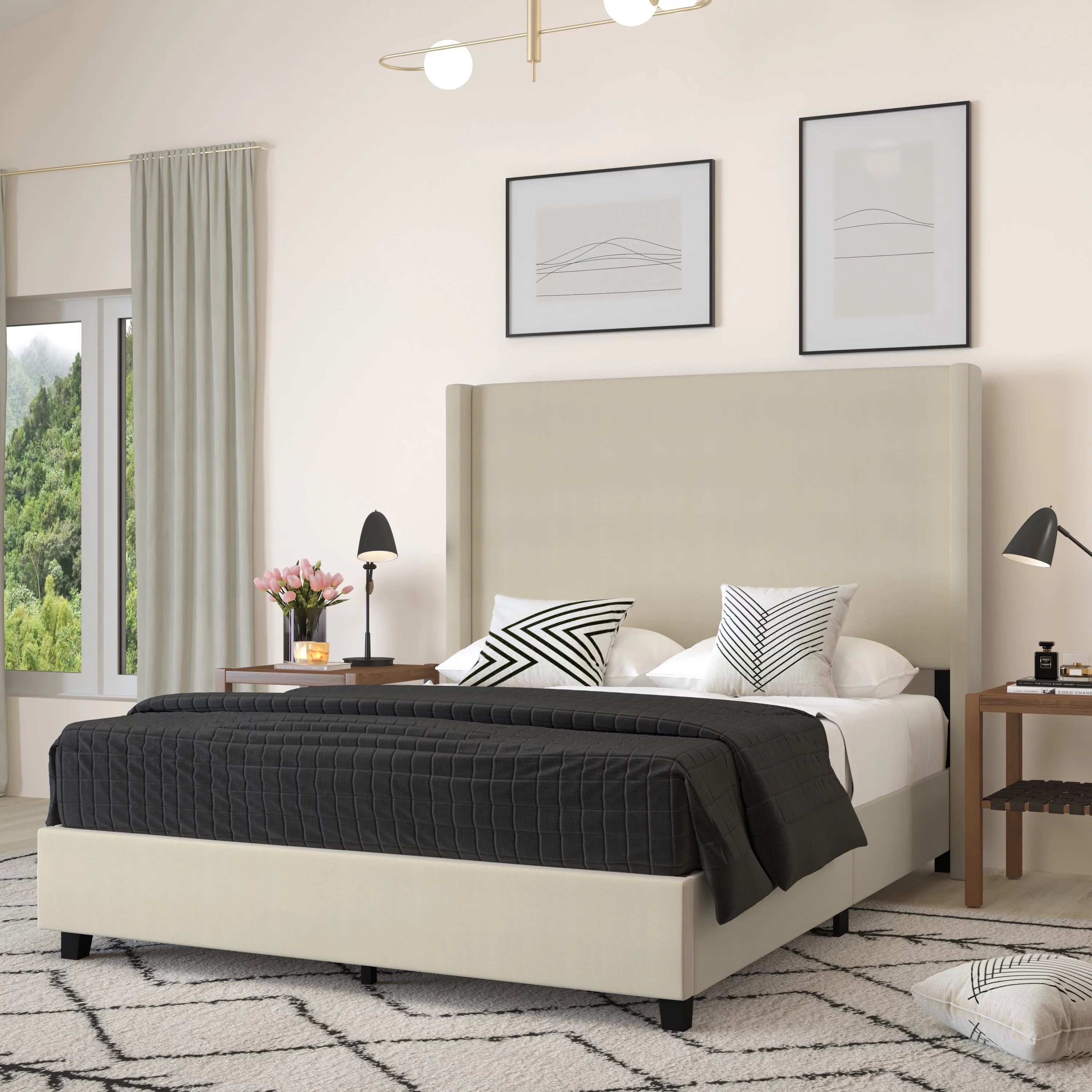 Beige Queen Size Platform Bed Frame with Padded Faux Linen Upholstered Wingback Headboard J85228