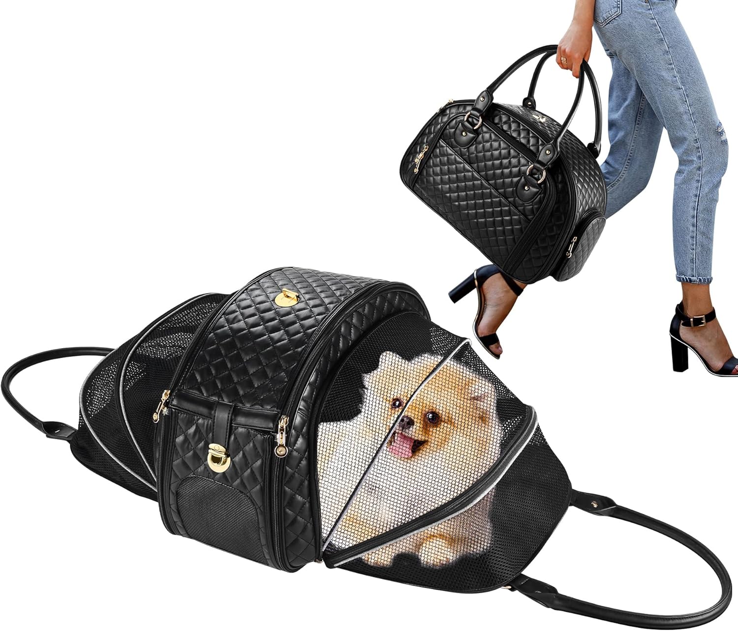 Black PU Leather Small Dog Carrier Y52532