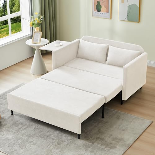 3-in-1 Sleeper Sofa Bed, 51'' Convertible Folding Couch with Pullout Bed, Chenille Futon Sleeper Sofa with Side Table and 2 Pillows, Grey A67760