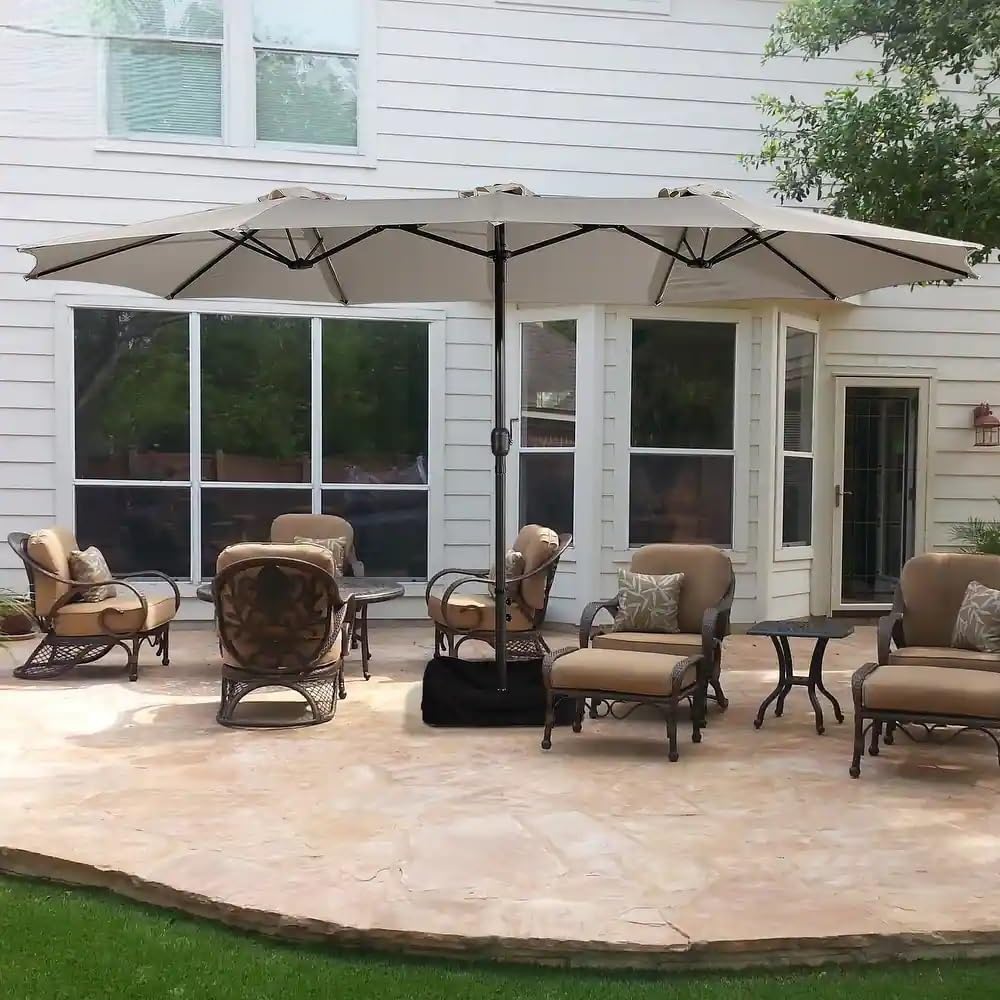 Beige 15ft Rectangular Outdoor Patio Umbrella with Hand-Crank Lift G70059
