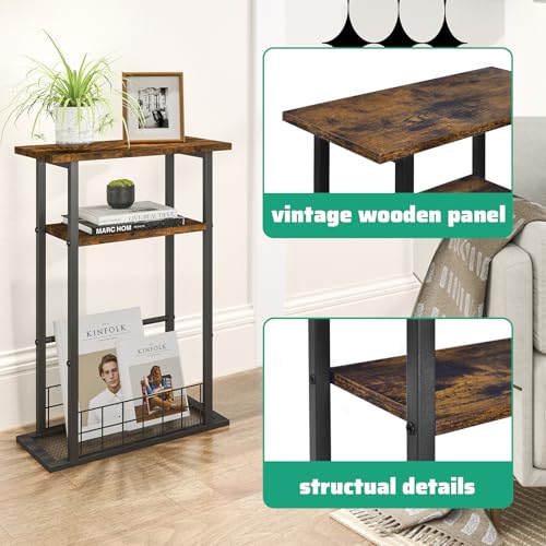 3-Tier Narrow End Table with Magazine Holder Rustic Brown X955