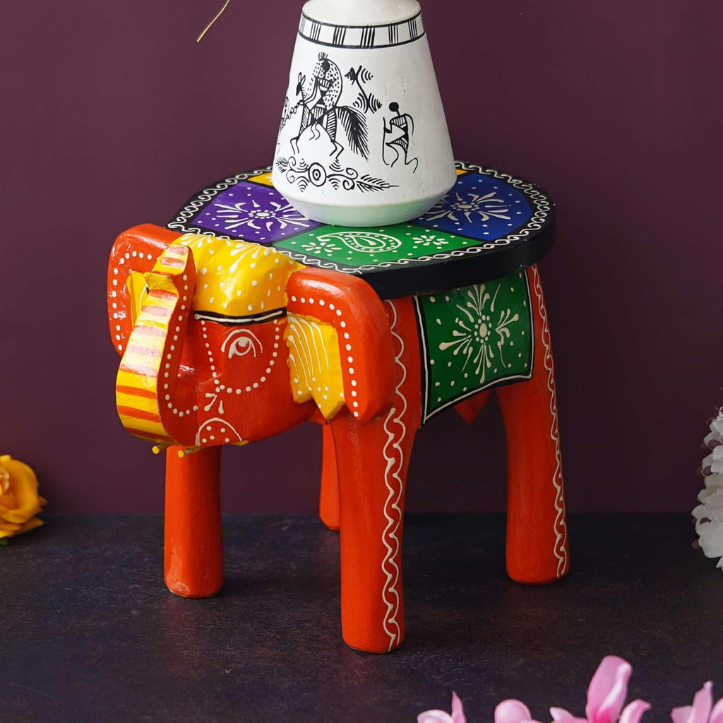 Handcrafted Emboss Painted Colorful Wooden Elephant Shape Stool Table Medium V780167