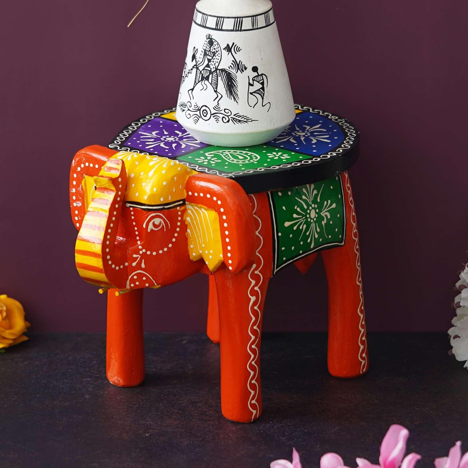 Handcrafted Emboss Painted Colorful Wooden Elephant Shape Stool Table Medium V780167
