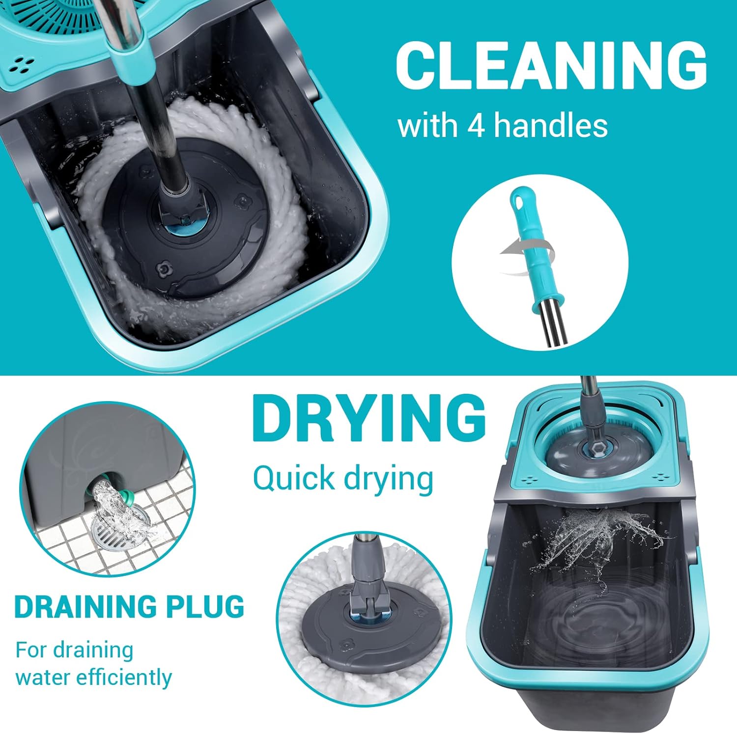 Spin Mop and Bucket with Wringer Set, Microfiber Mop Bucket with 6 Replacement Refills H294850