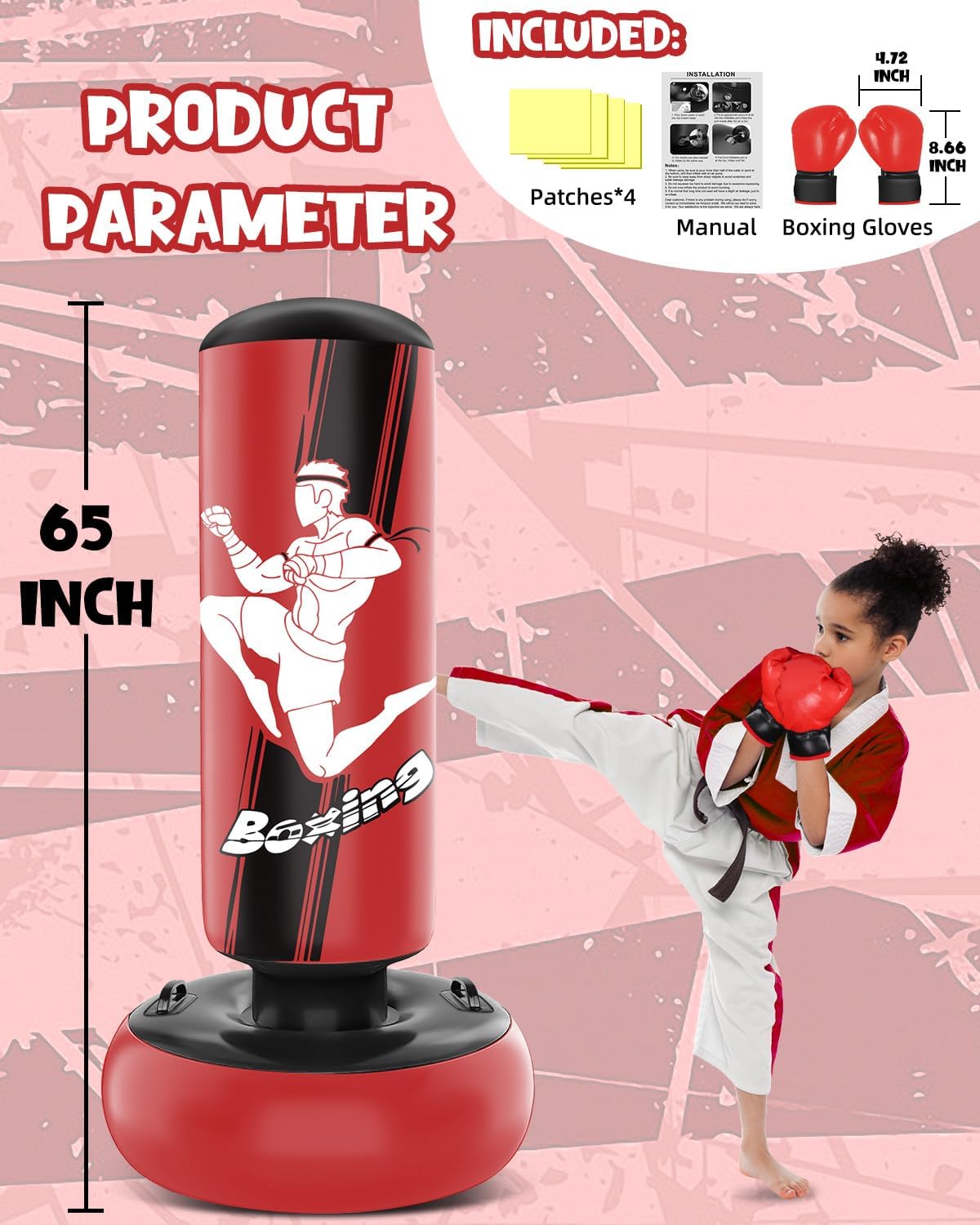 66 Inch Inflatable Punching Bag with Boxing Gloves (Red) E337