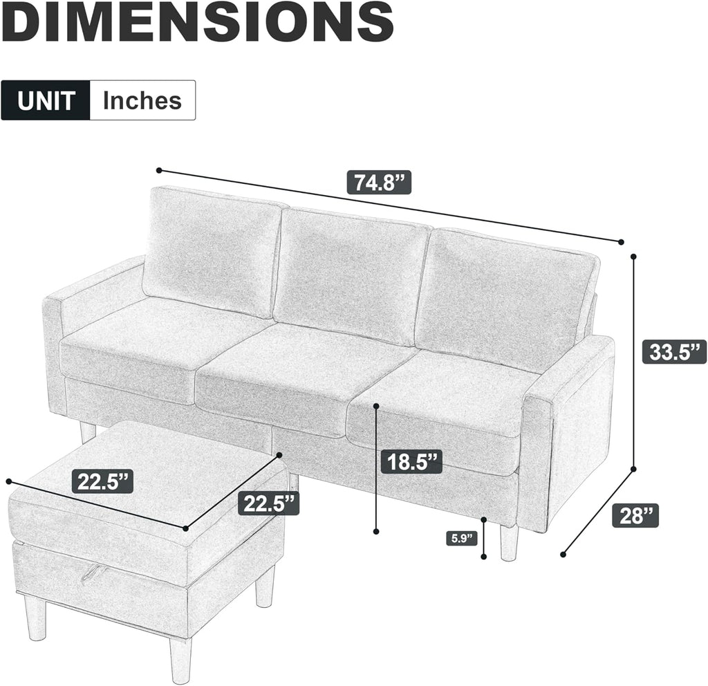 Dark Gray Fabric L Shaped Sectional Sofa with Storage Ottoman Y9257