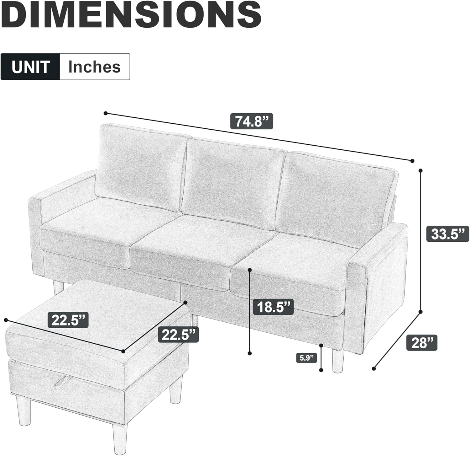 Dark Gray Fabric L Shaped Sectional Sofa with Storage Ottoman Y9257