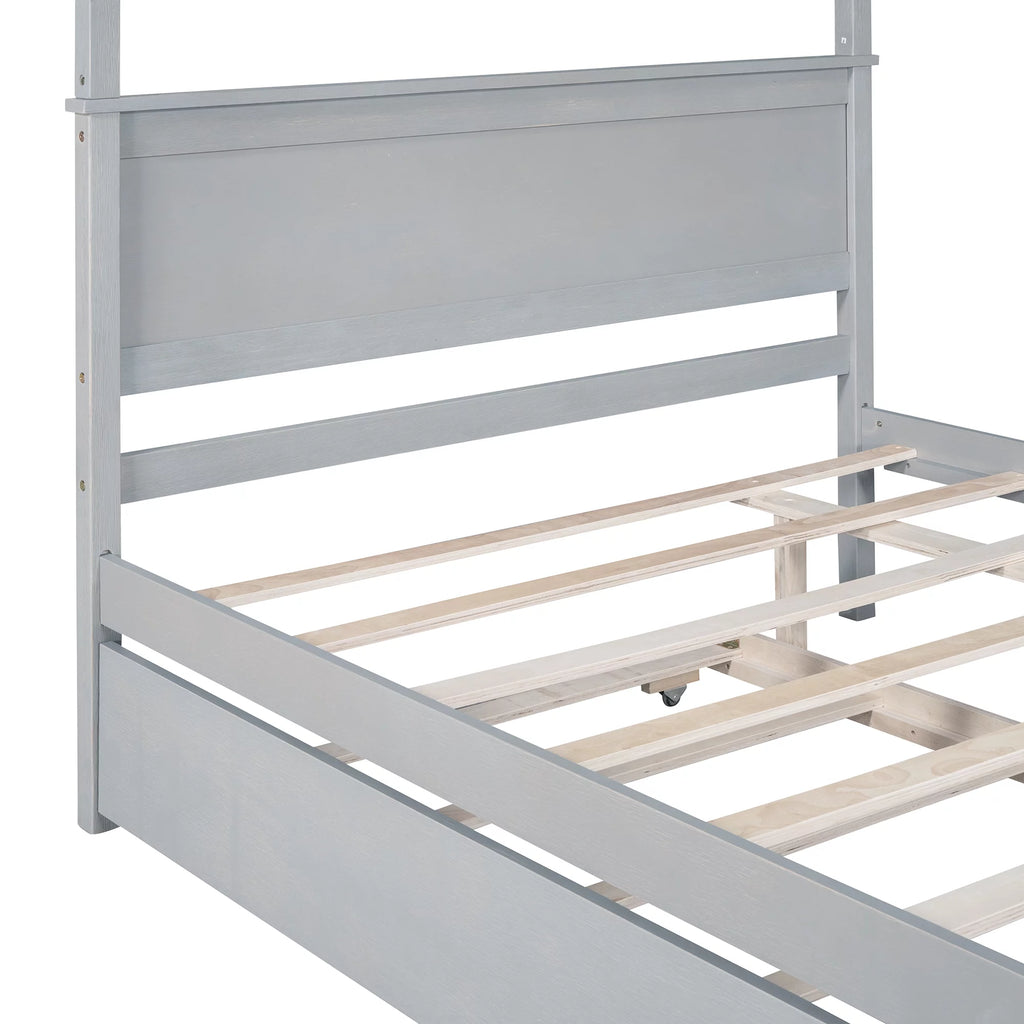 Gray Full Size Wood Canopy Bed with Trundle Bed C8149