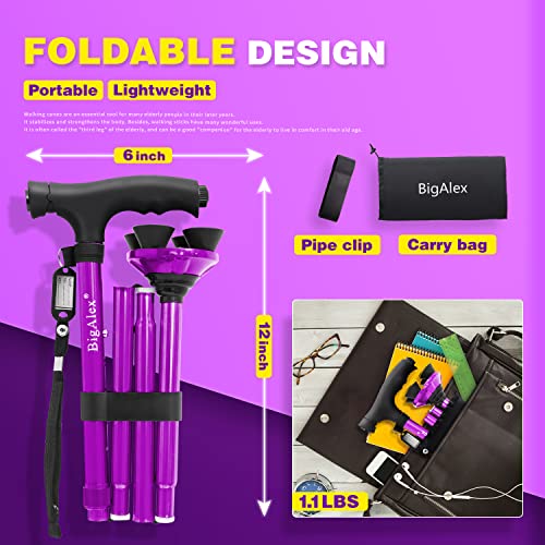 Folding Walking Cane with LED Light, Adjustable Quad Base with Carrying Bag P938