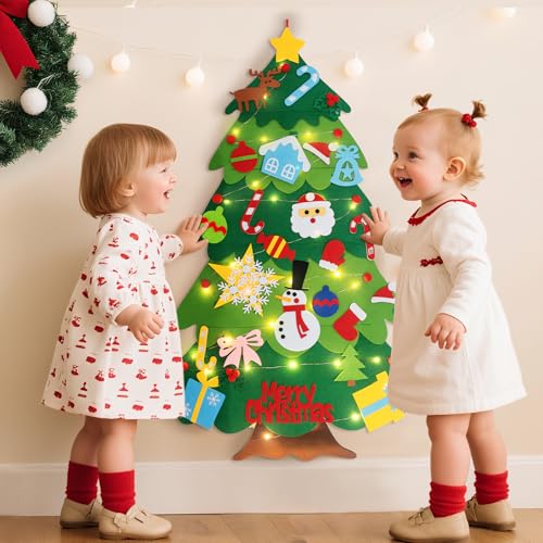 3.3FT Felt Christmas Tree with 32 Ornaments and String Lights W565