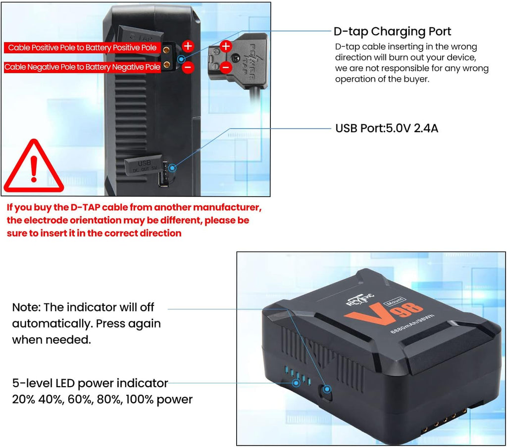 Mini V Mount Battery 98Wh 15A Draw with D-tap to DC Power Cable A379353