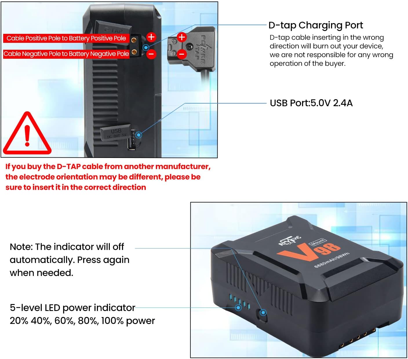 Mini V Mount Battery 98Wh 15A Draw with D-tap to DC Power Cable A379353