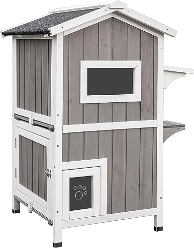 Outdoor Cat Shelter Weatherproof Two Story Wooden Cat House with Openable Roof Escape Door A940511