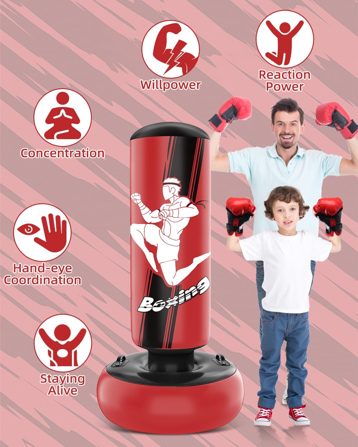 66 Inch Inflatable Punching Bag with Boxing Gloves (Red) E337