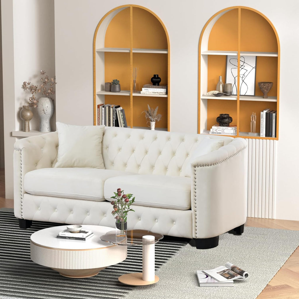 Beige Velvet 3-Seater Sofa with 2 Pillows S5464
