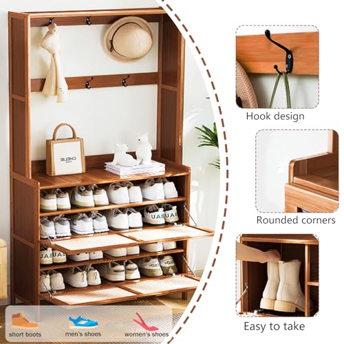 Bamboo Hall Tree with Shoe Storage, 14 Shoe Cubbies, 8 Coat Hooks, Rustic Brown S36359