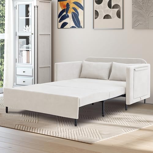3-in-1 Sleeper Sofa Bed, 51'' Convertible Folding Couch with Pullout Bed, Chenille Futon Sleeper Sofa with Side Table and 2 Pillows, Grey A67760