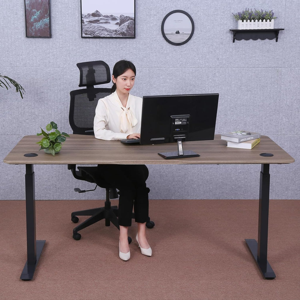 71" x 33" Electric Height Adjustable Desk with Curved Teak Top and Black Frame R880