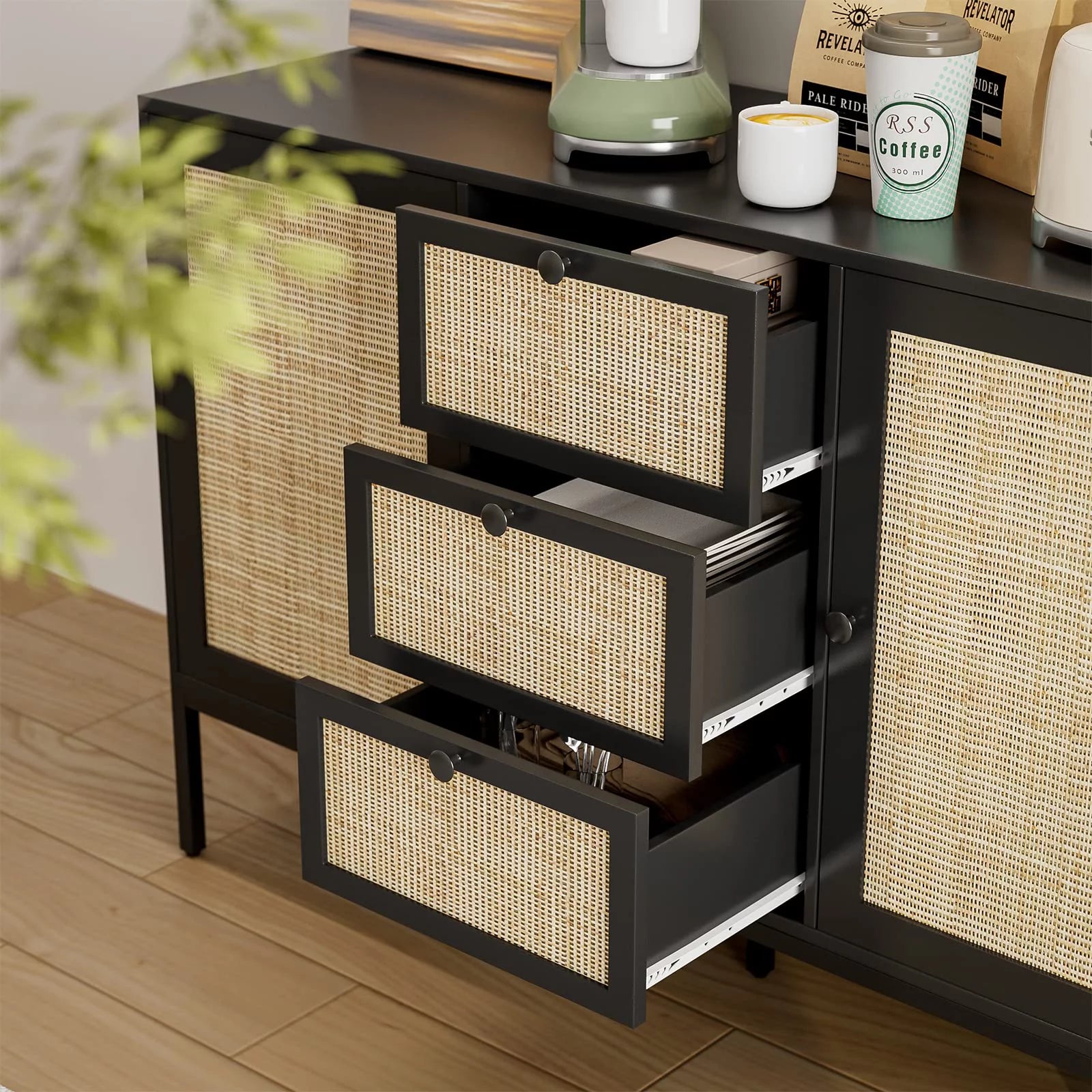 Black Rattan Sideboard Cabinet with 3 Drawers and 2 Doors G3654